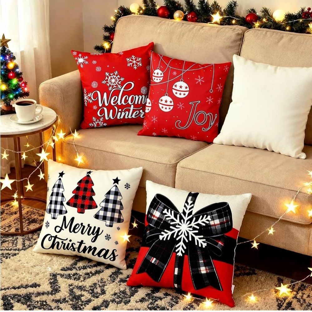 Christmas Throw Pillow Covers 18x18 Set Of 4 White Red Black Bow Plaid